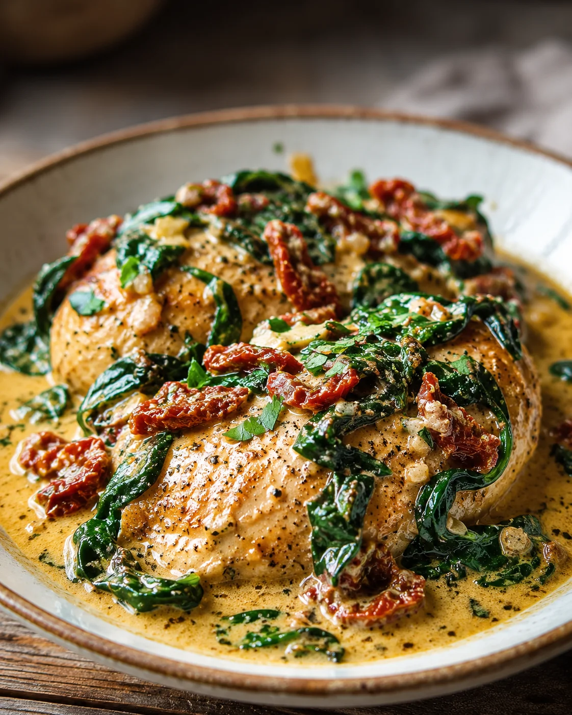Delicious crockpot Tuscan garlic chicken with spinach and sun-dried tomatoes served in a bowl.