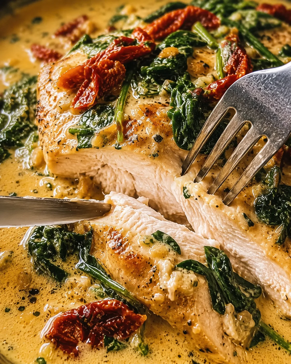 Creamy Tuscan garlic chicken served with spinach and sun-dried tomatoes