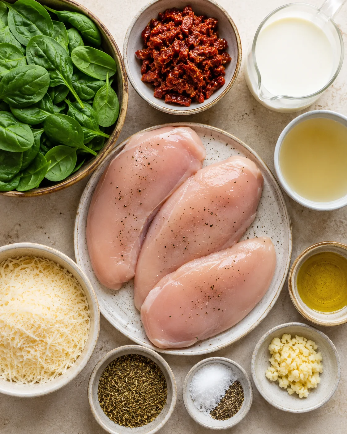 Tender chicken with spinach and sun-dried tomatoes in a creamy garlic sauce.
