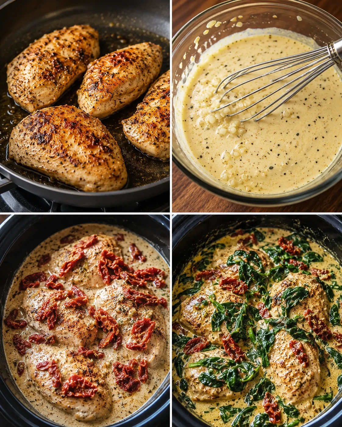 Tender chicken simmering in a creamy garlic sauce with spinach and sun-dried tomatoes