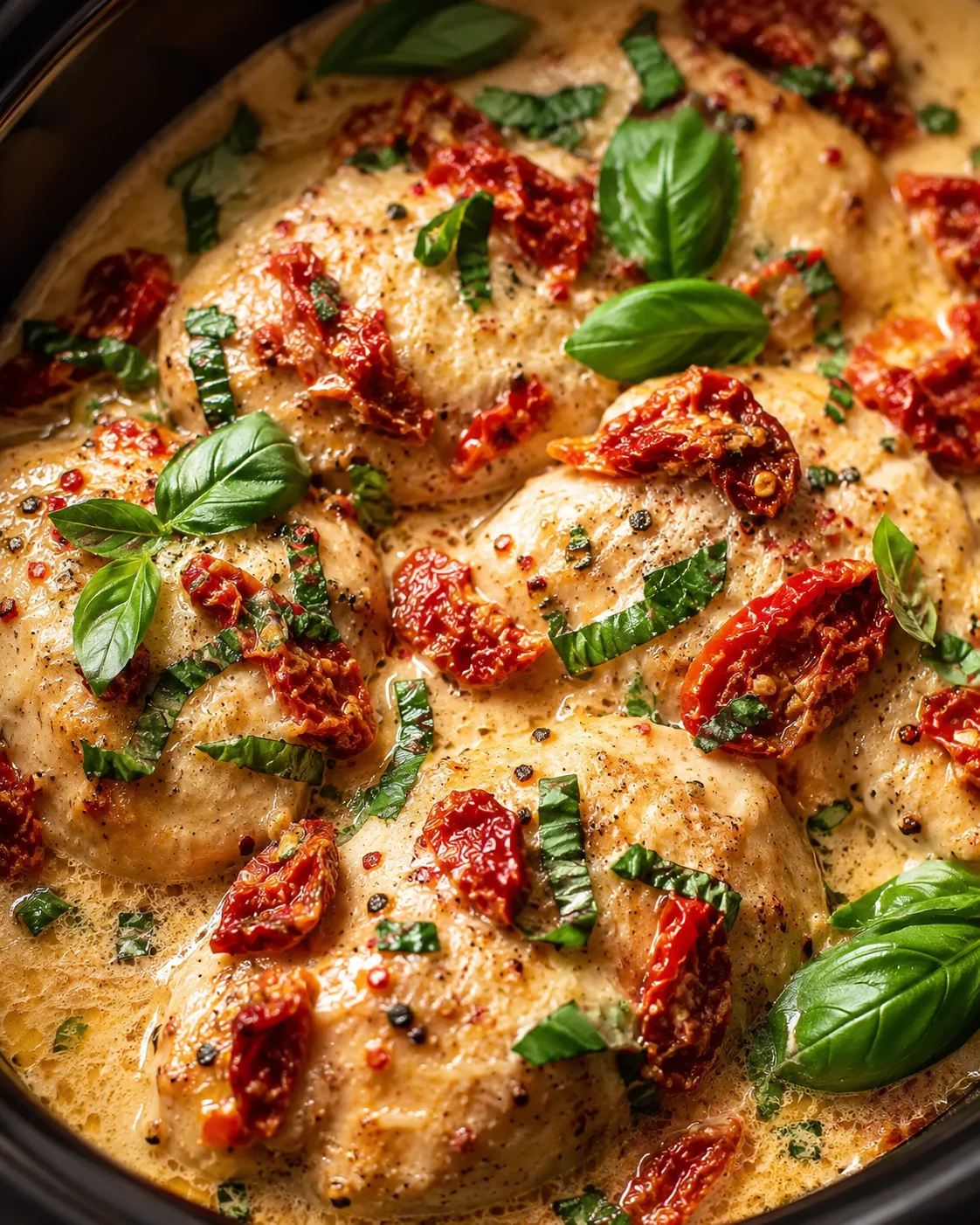 Delicious cooked chicken breasts topped with sun-dried tomatoes and basil leaves