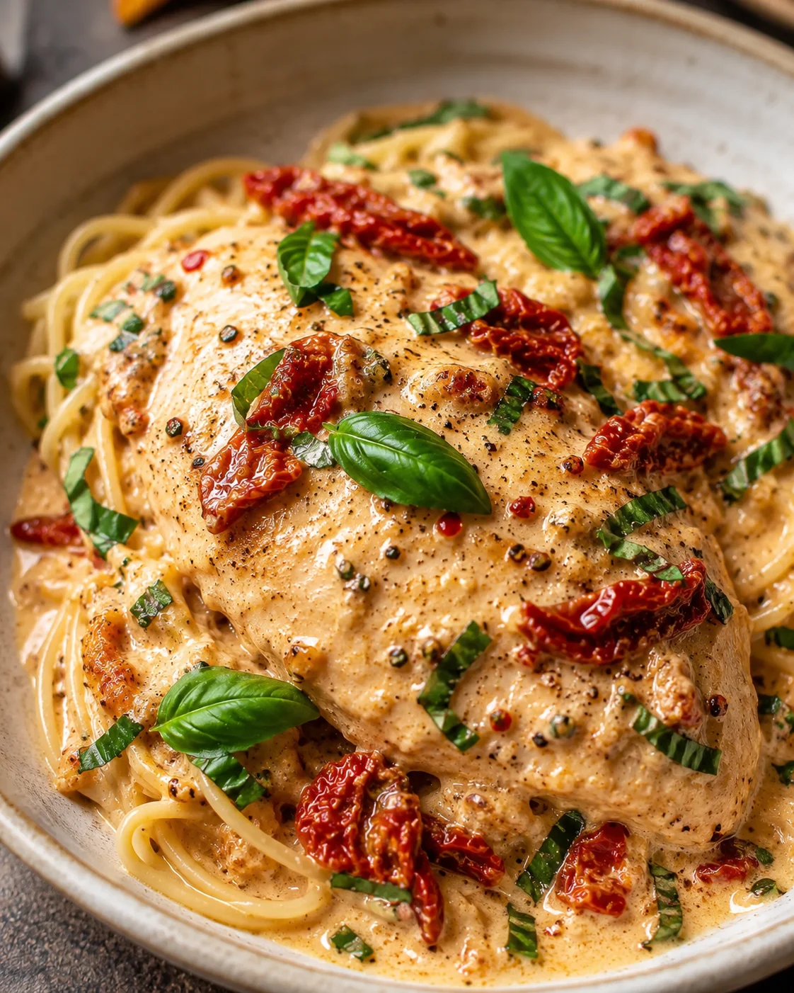 Close-up of cooked chicken topped with sun-dried tomatoes and fresh basil, served over pasta.