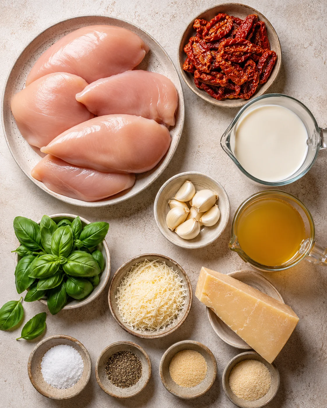 Raw chicken breasts with sun-dried tomatoes, garlic, and cheese ingredients for the recipe.