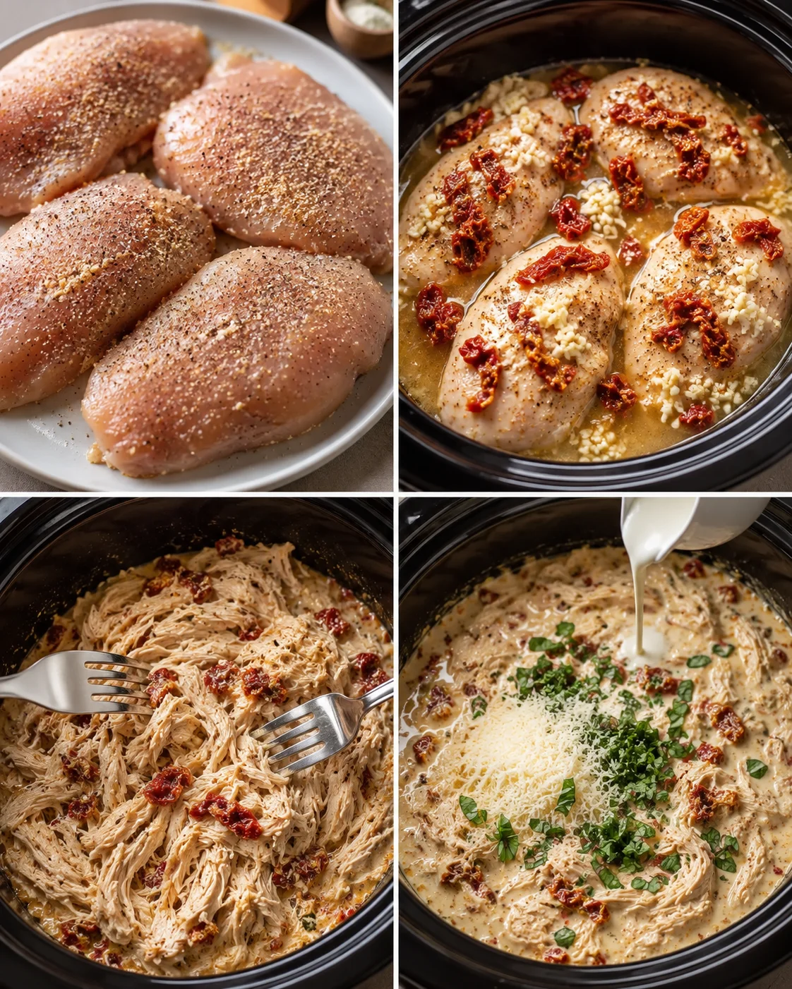 Creamy chicken dish with sun-dried tomatoes and Parmesan in a slow cooker.