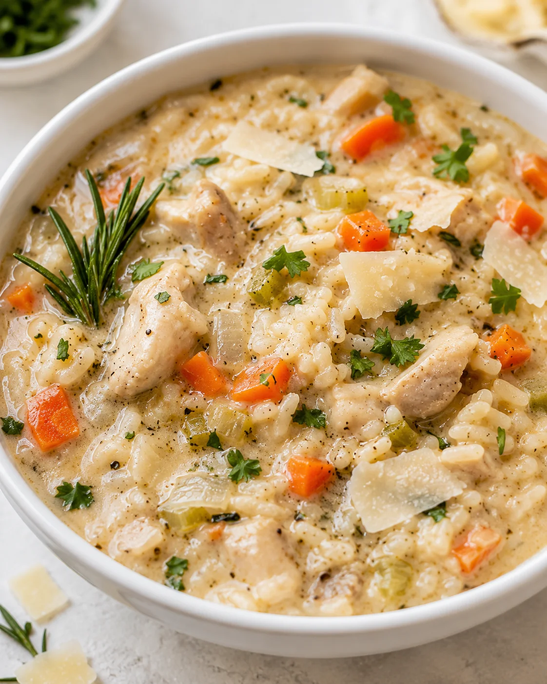A bowl of creamy chicken and rice soup with vegetables and herbs.