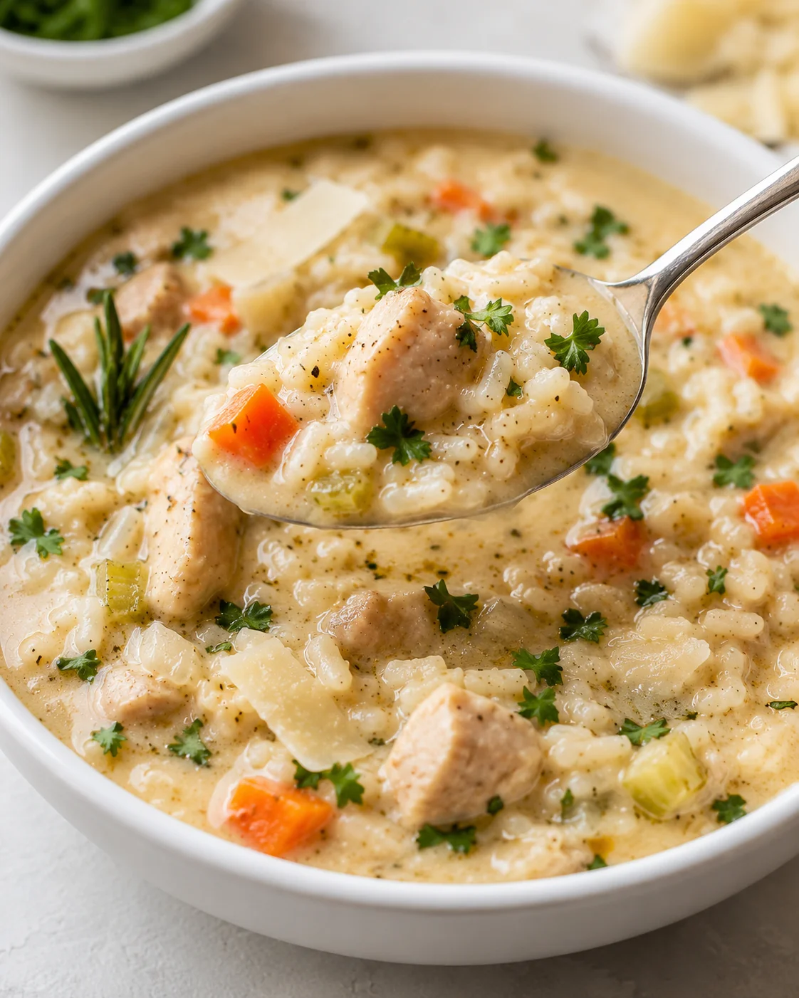 A steaming bowl of creamy chicken and rice soup with vegetables and herbs.
