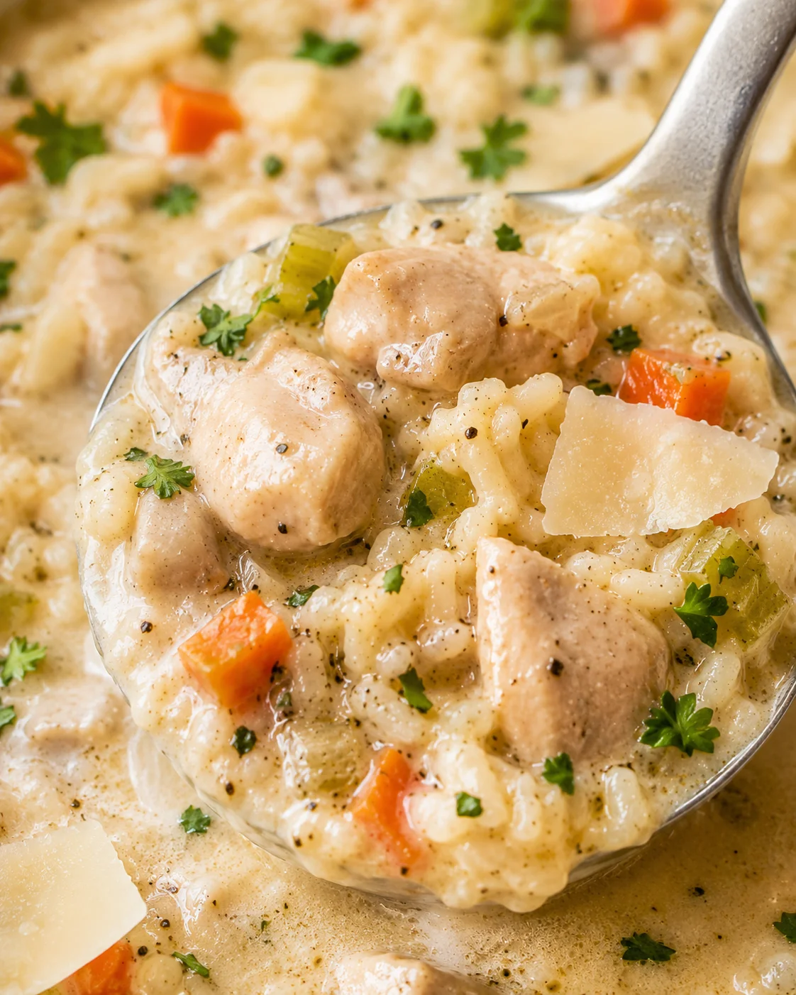A bowl of creamy chicken and rice soup with vegetables and herbs