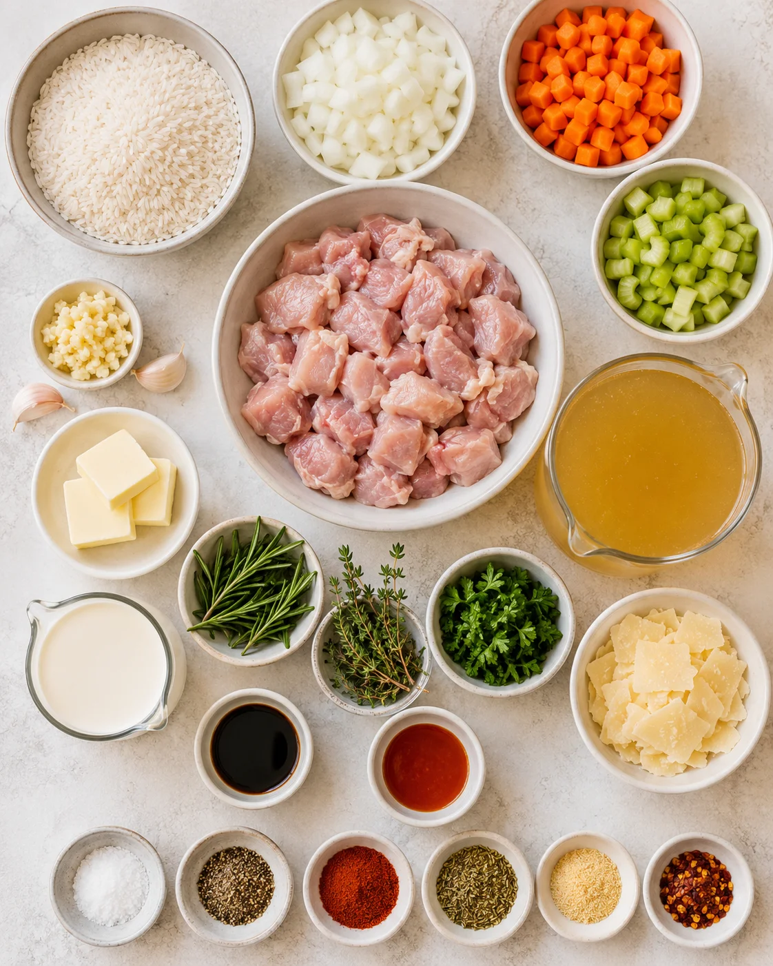 Assorted fresh ingredients including chicken, vegetables, rice, and herbs displayed on a light surface.