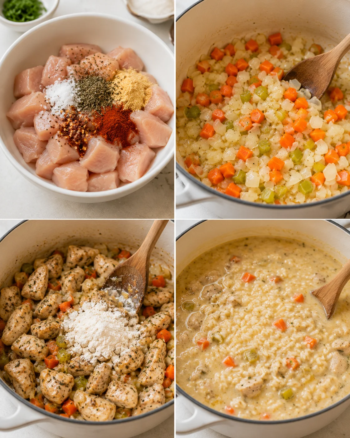 Step-by-step process of making creamy chicken and rice soup with fresh vegetables.