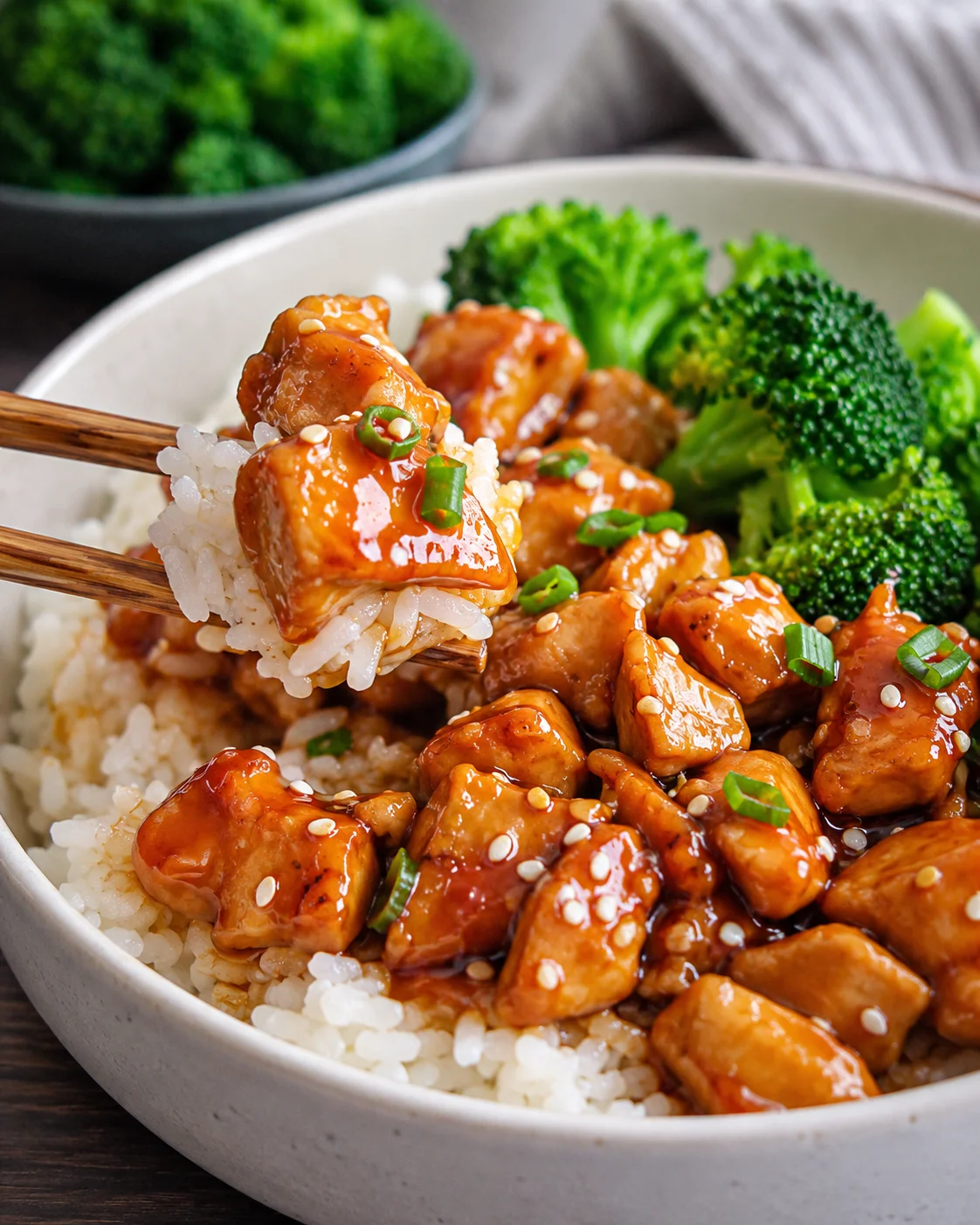 Close-up of a bowl with teriyaki chicken, rice, and broccoli on a dark table