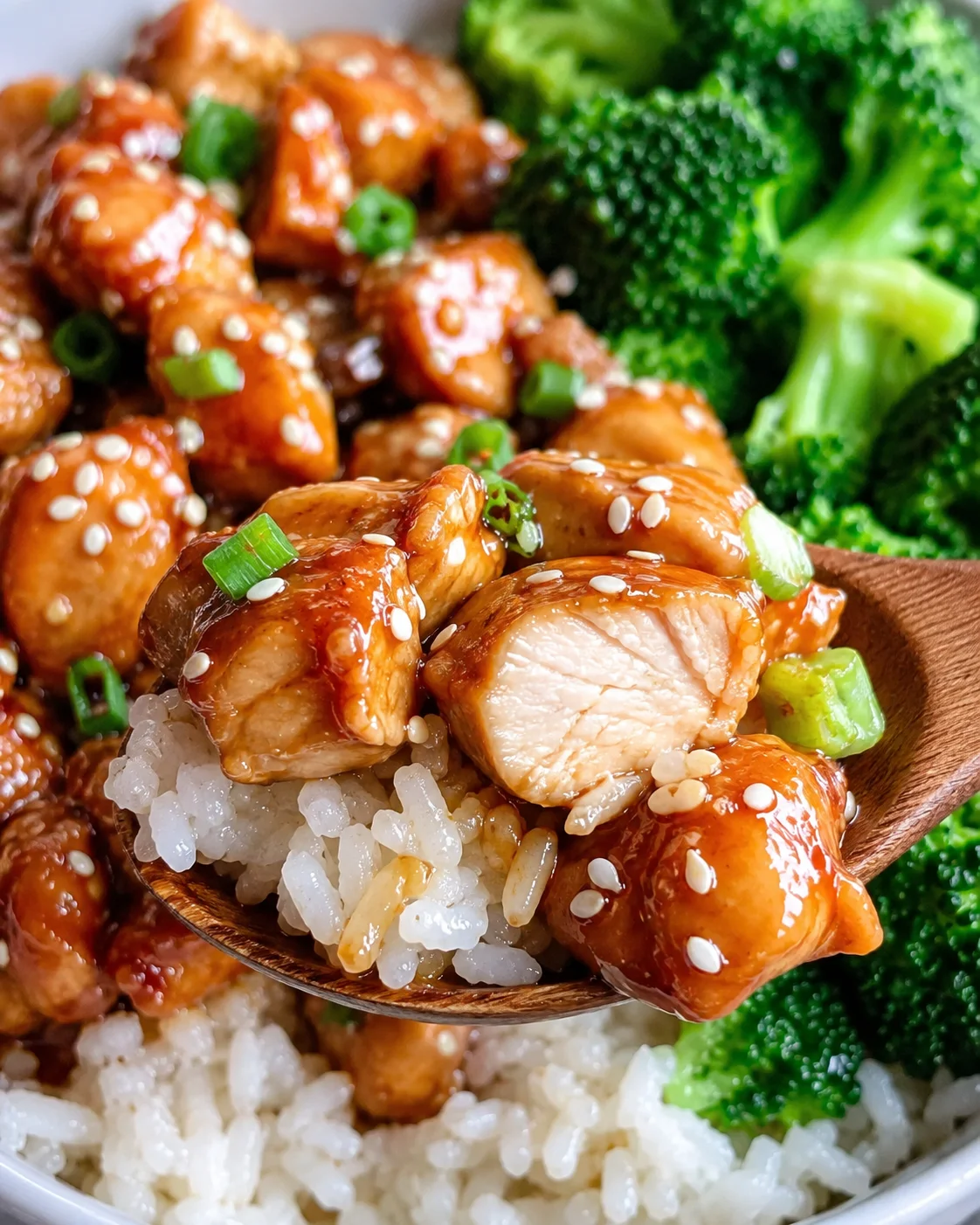 Close-up of homemade teriyaki chicken served over rice with broccoli and veggies.