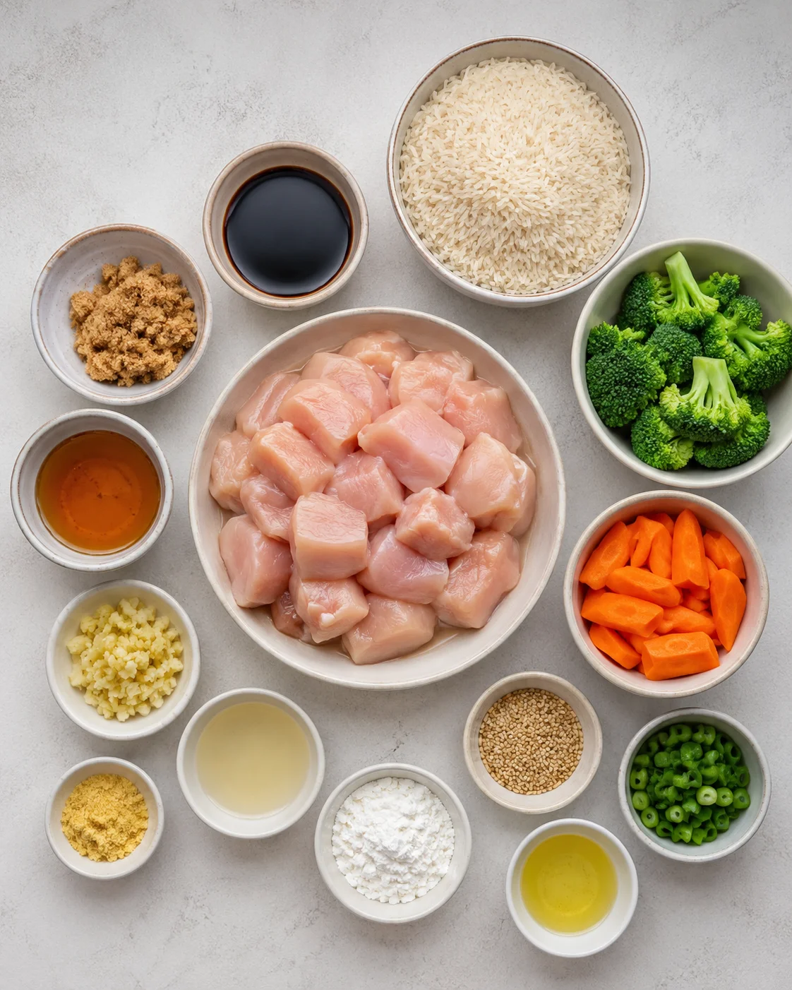 Ingredients for teriyaki chicken rice bowl with chicken, rice, broccoli, and sauce.