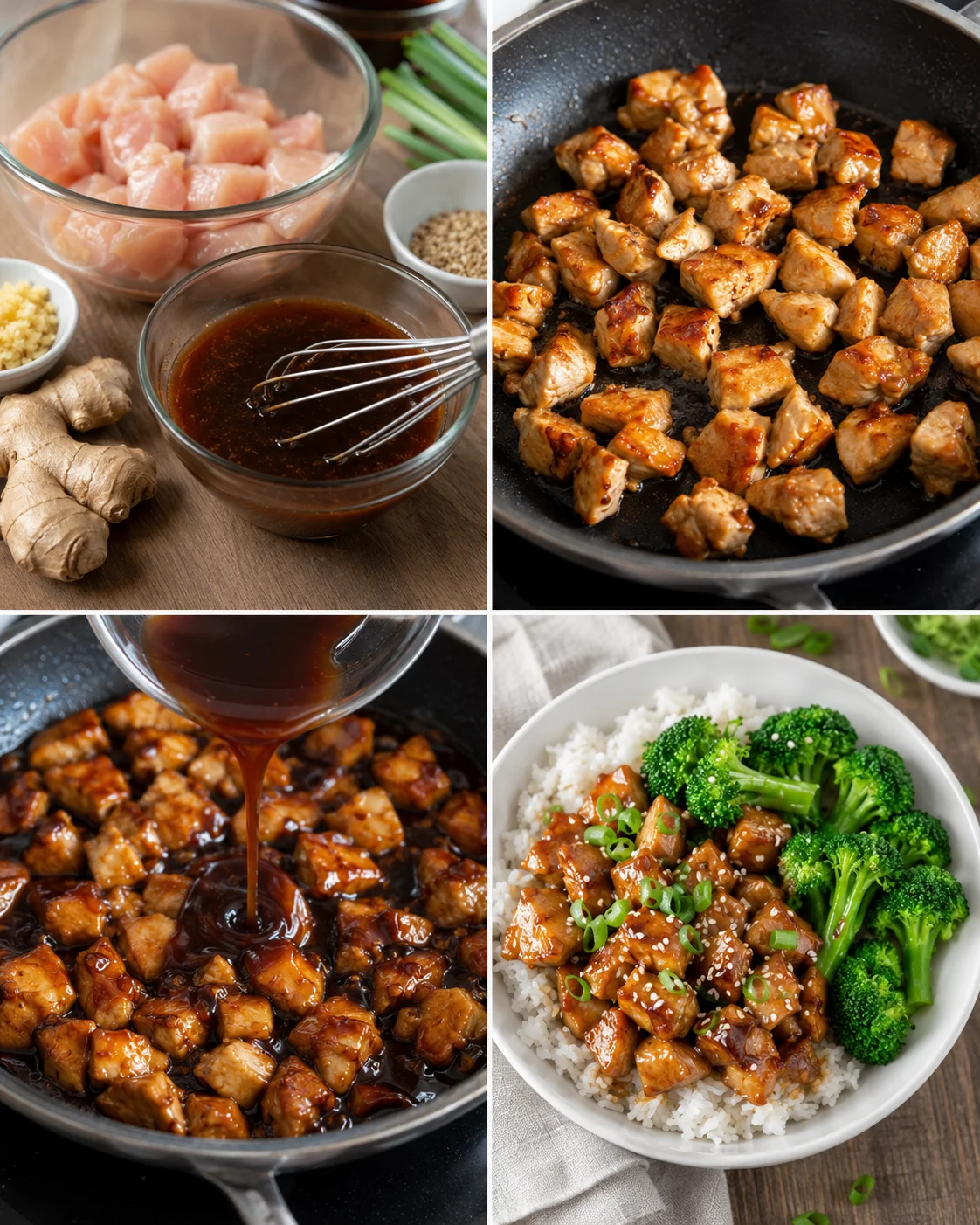 Step-by-step images showing chicken, sauce, and servings of teriyaki bowl
