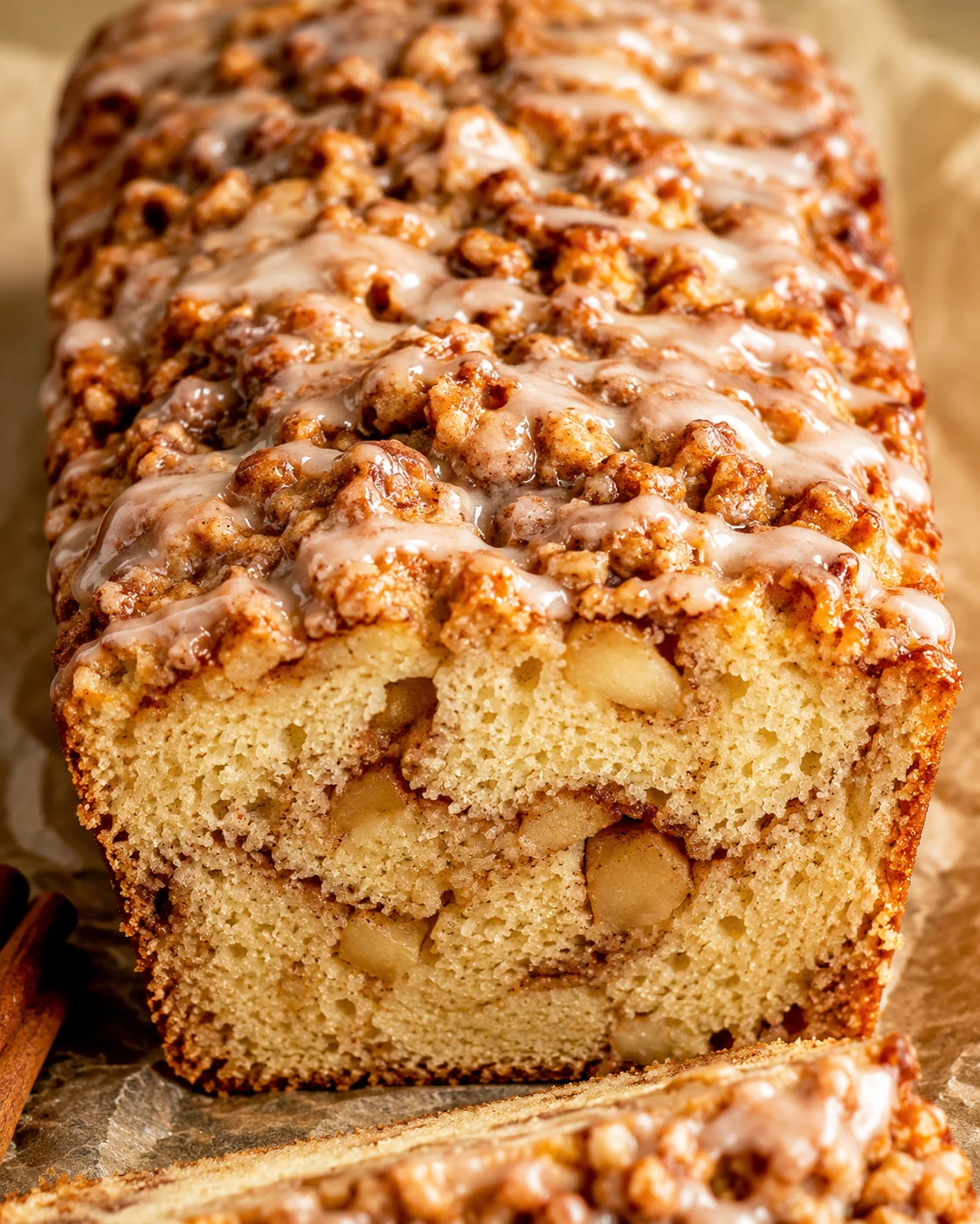 Close-up of a freshly baked cinnamon apple bread loaf with glaze