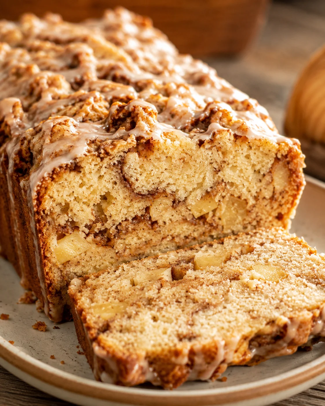 Close-up of sliced cinnamon apple bread with a moist crumb and apple chunks.