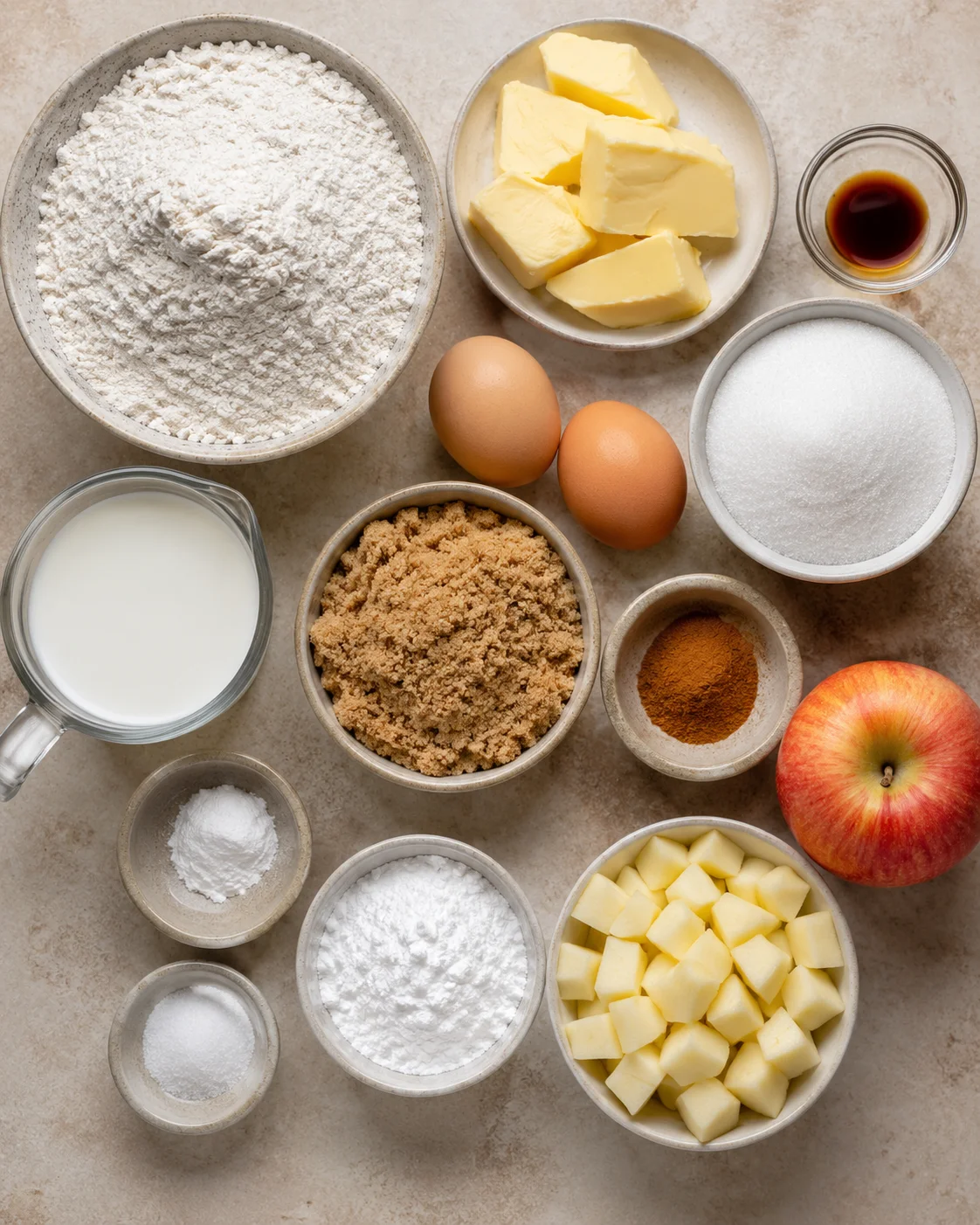 An assortment of ingredients for making cinnamon apple bread including flour, butter, apples, and spices.