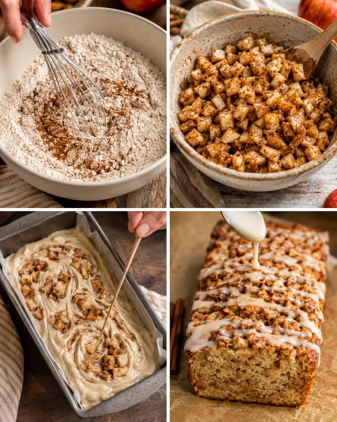 Step-by-step images showing ingredients mixing, filling preparation, and baked loaf.