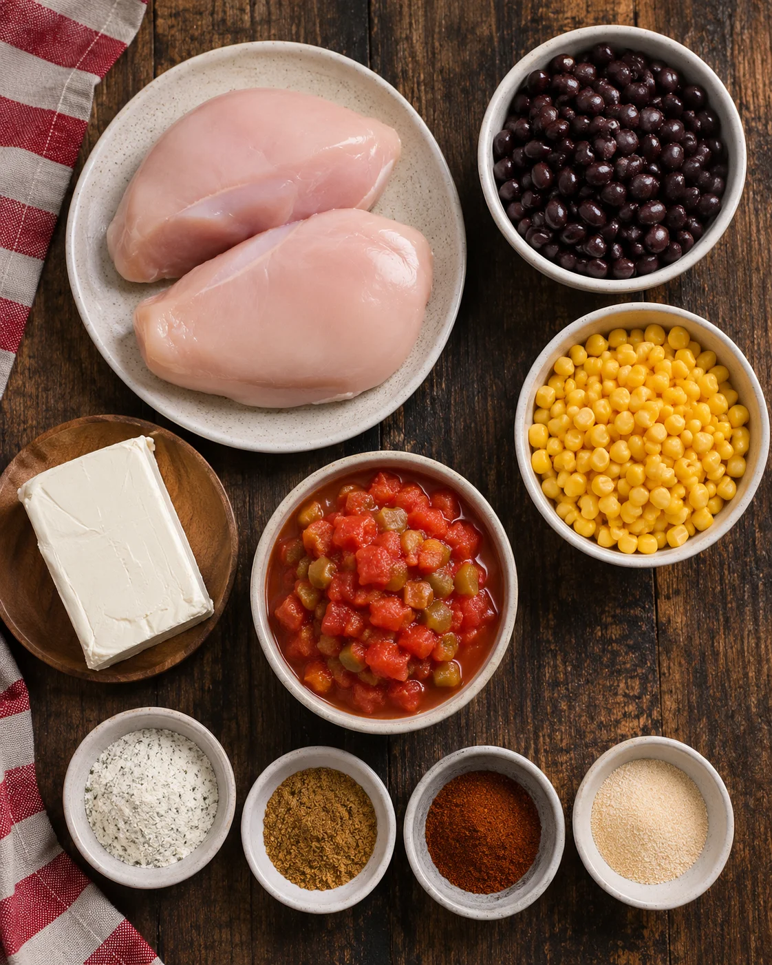 Ingredients for creamy chicken chili in bowls and on a wooden table.