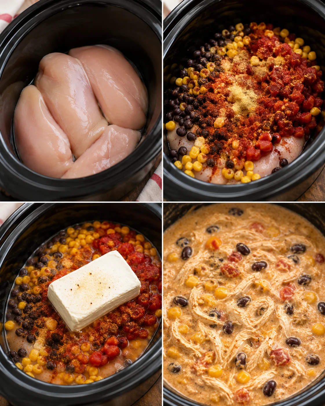 Creamy chicken chili with beans, corn, and spices cooking in a slow cooker.