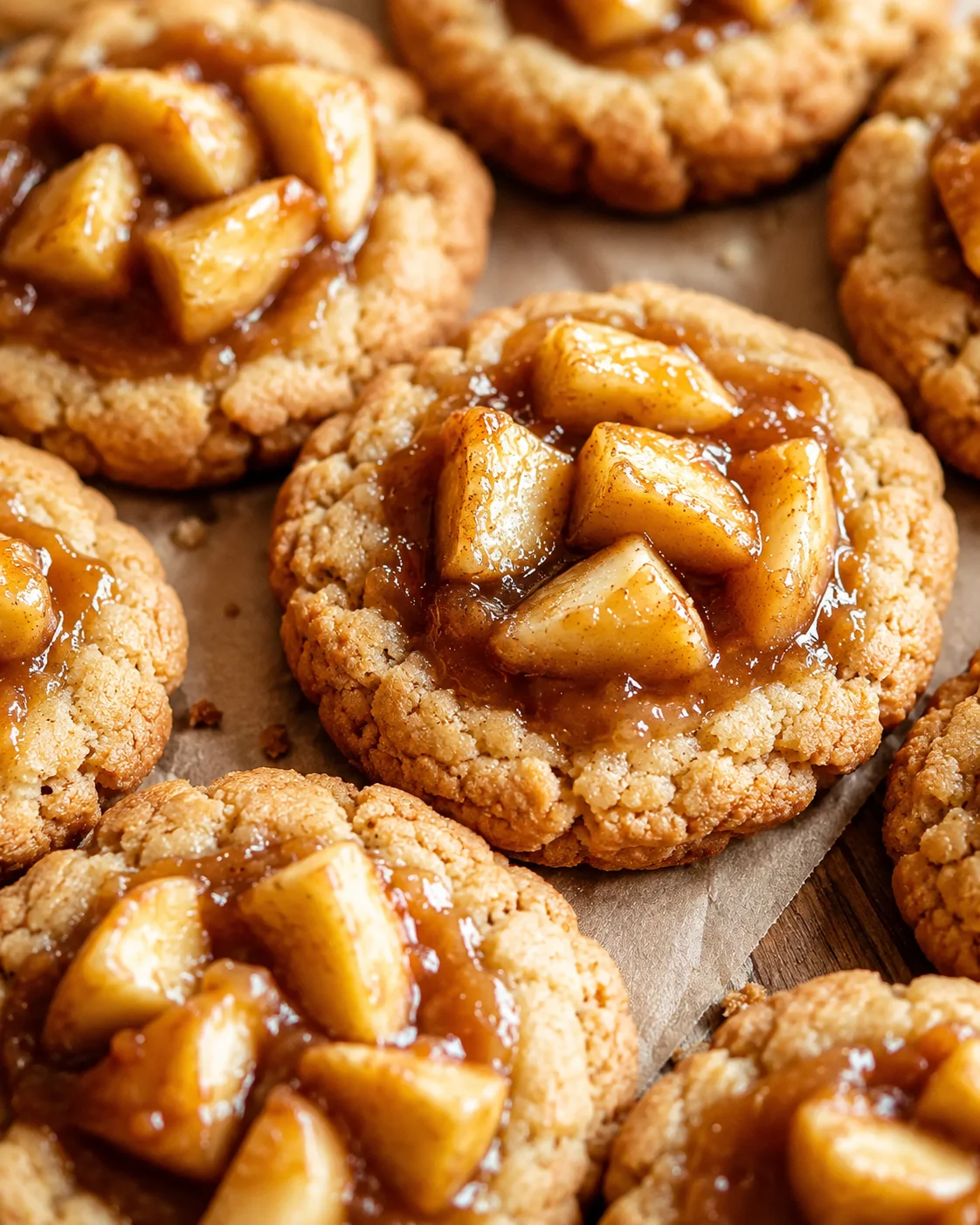 Close-up of freshly baked apple pie cookies with caramelized apples on top.
