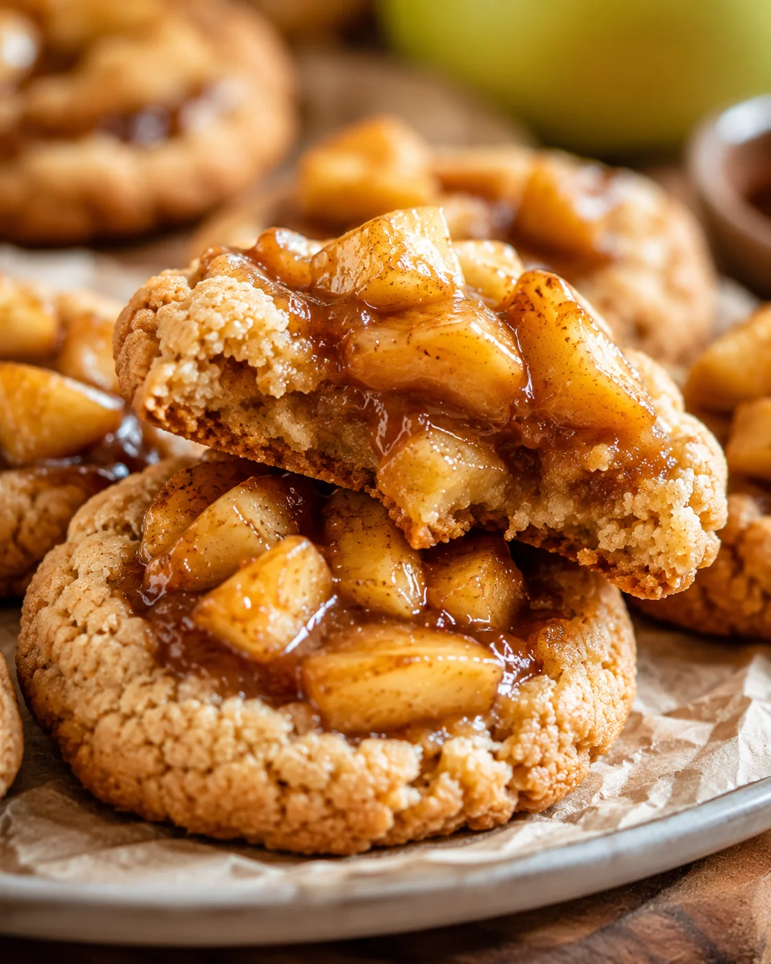 Close-up of warm apple pie cookies topped with caramelized apple filling.