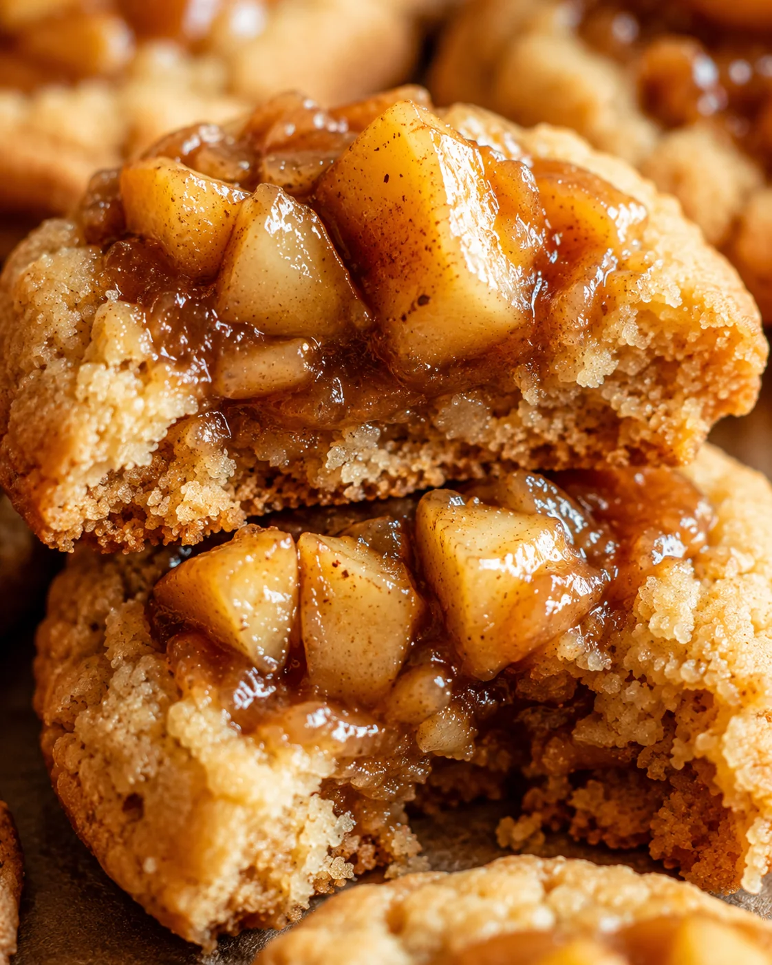 Close-up of warm apple pie cookies filled with spiced apples and flaky crust.