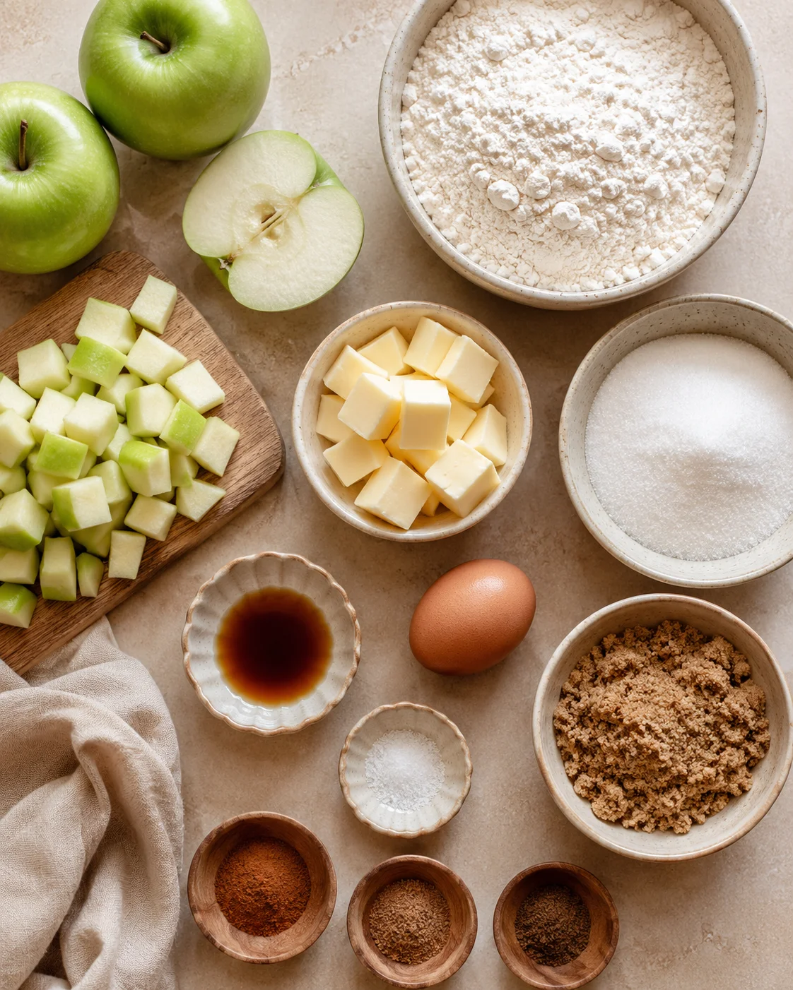 Fresh green apples and baking ingredients for apple pie cookies on a countertop.
