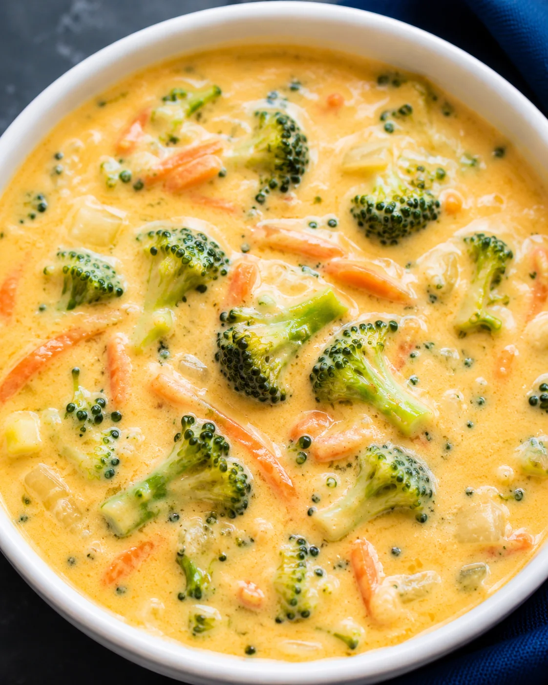 A bowl of creamy broccoli cheddar soup with vegetables and melted cheese.