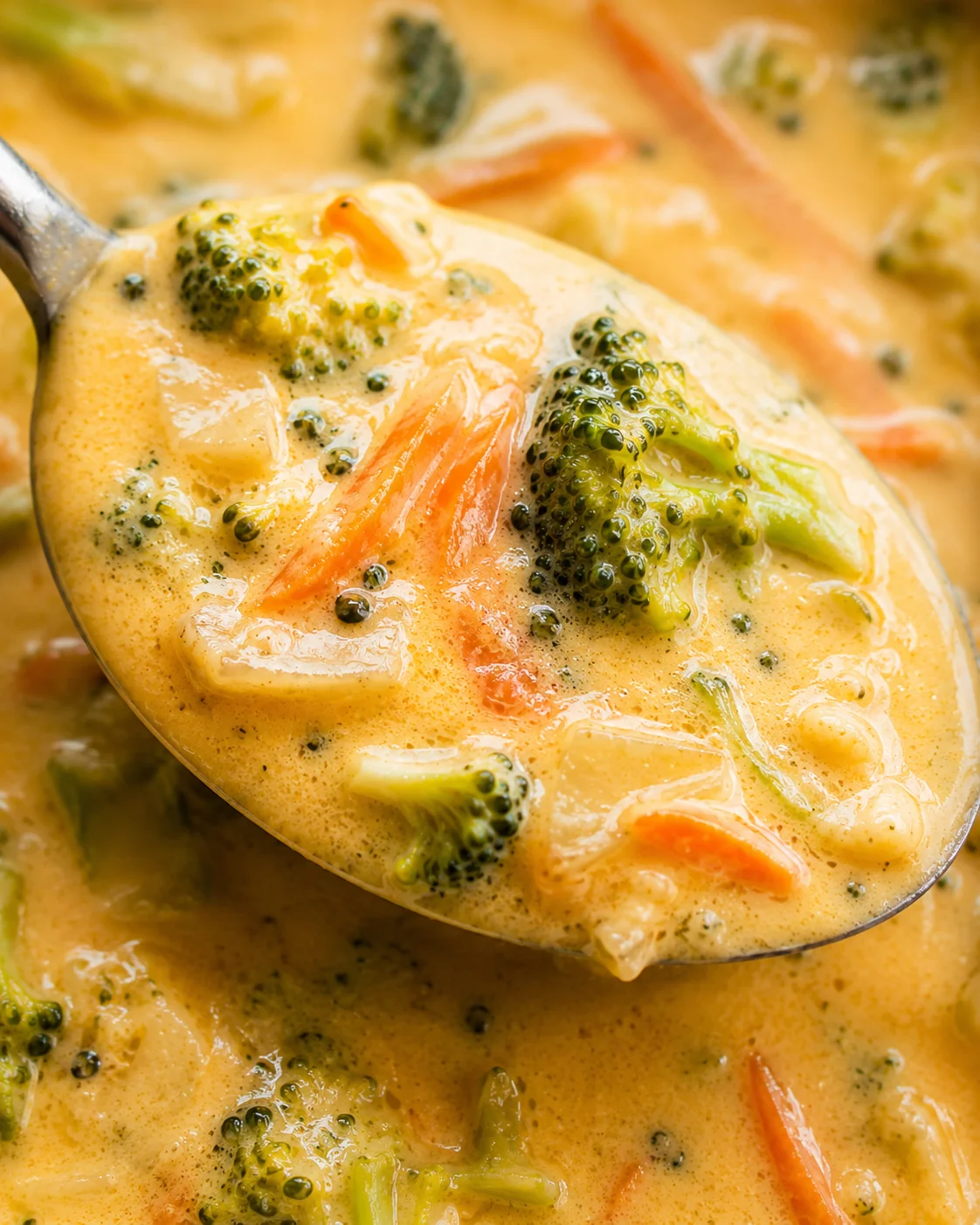 Close-up of a spoonful of rich broccoli cheddar soup with vegetables.