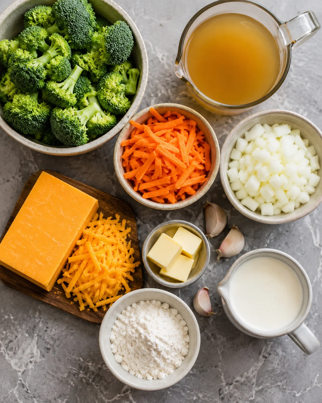 Bowl of fresh broccoli, shredded carrots, and cheese for soup preparation