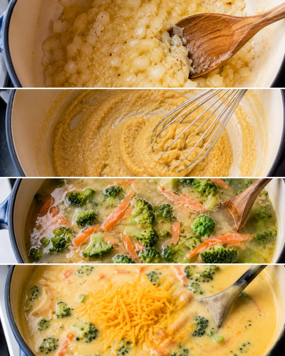 Step-by-step process of making creamy broccoli cheddar soup at home.