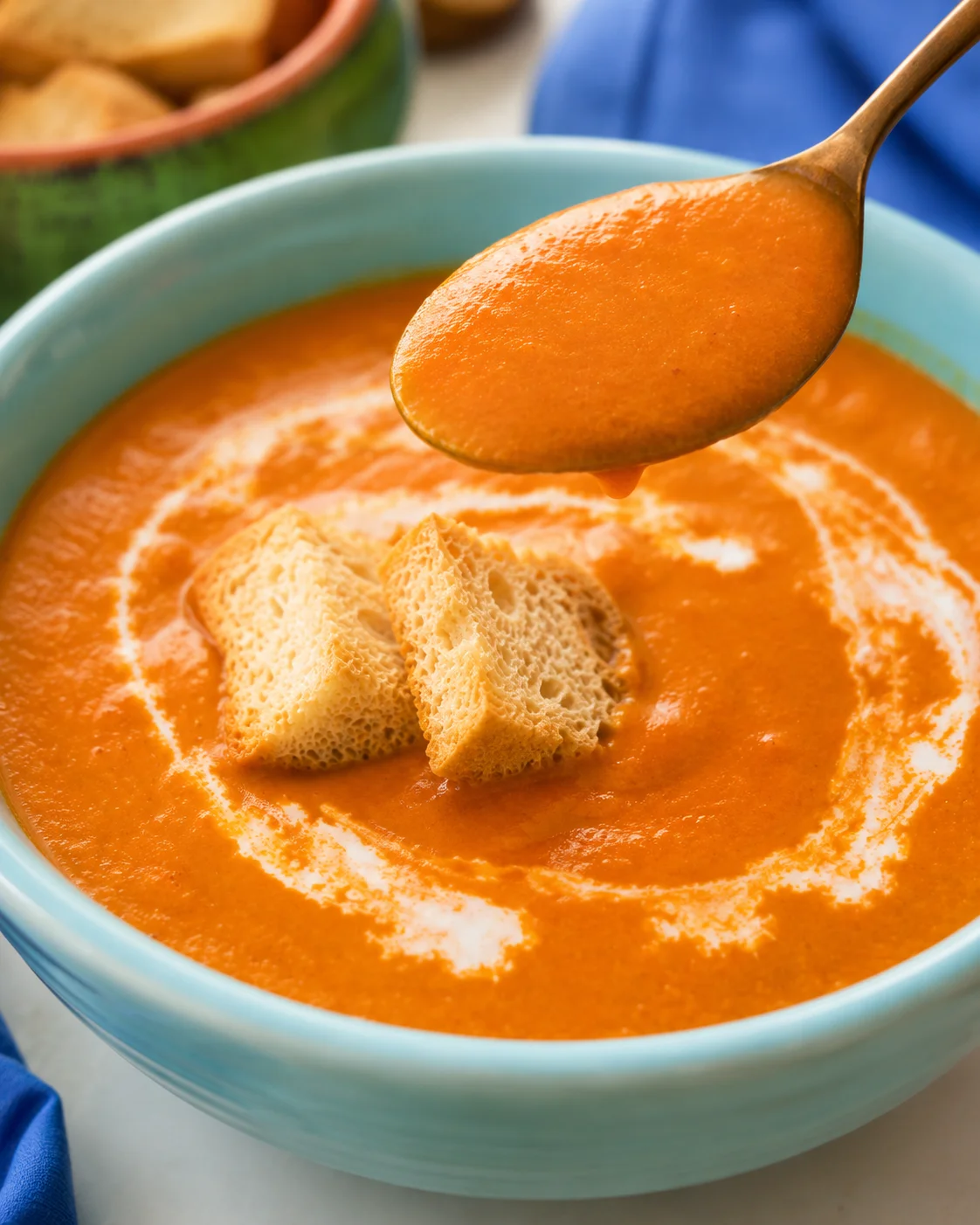 A bowl of vibrant, creamy tomato soup topped with bread chunks and swirl of cream.