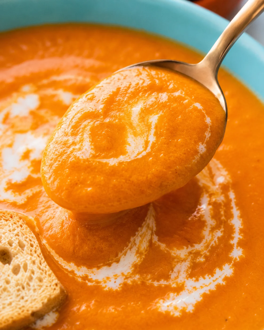 Close-up of a spoon scooping vibrant, creamy tomato soup from a blue bowl.