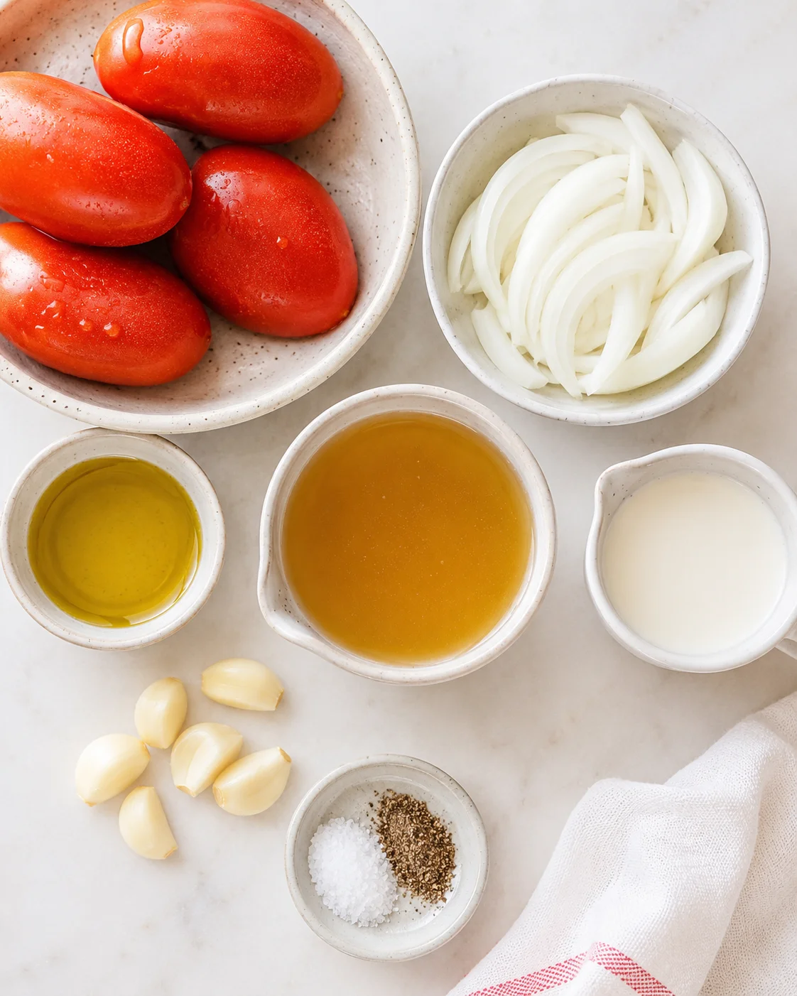 Bright fresh Roma tomatoes, onions, garlic, and vegetable broth for homemade soup