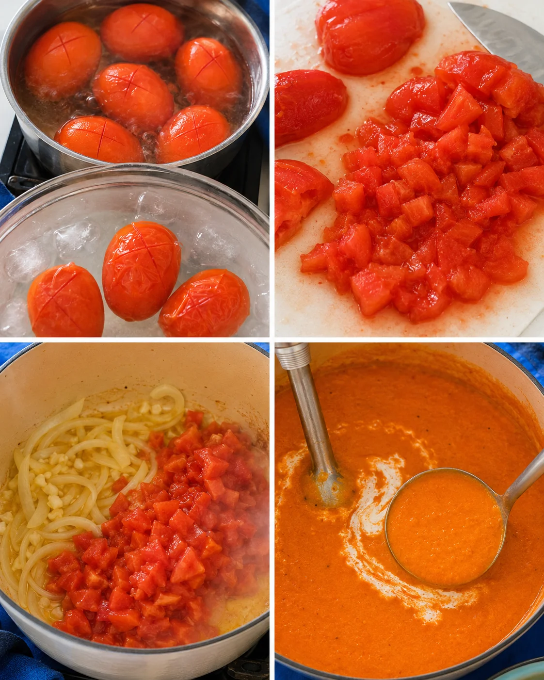 Steps of making creamy homemade tomato soup from fresh garden Roma tomatoes.