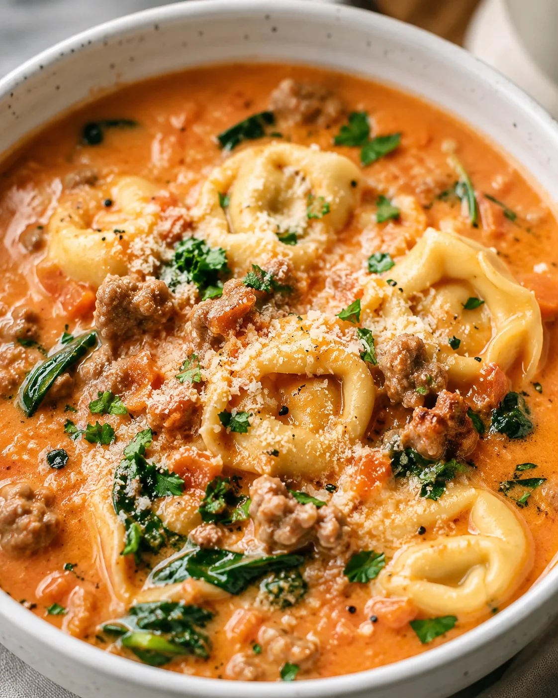 Bowl of Ang's creamy tortellini soup with sausage, spinach, and grated Parmesan