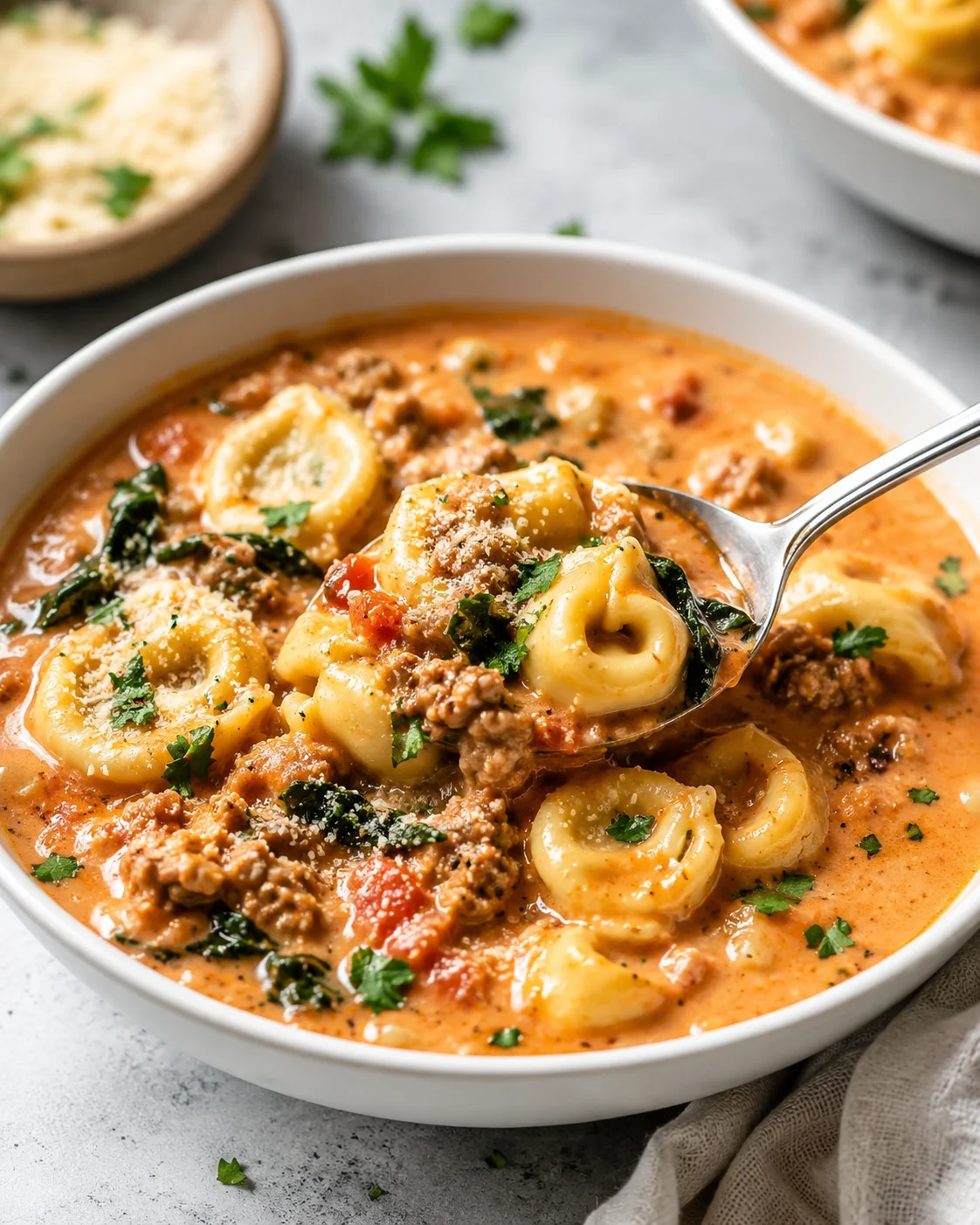 Spoon lifting tortellini from a bowl of Ang's creamy tortellini soup