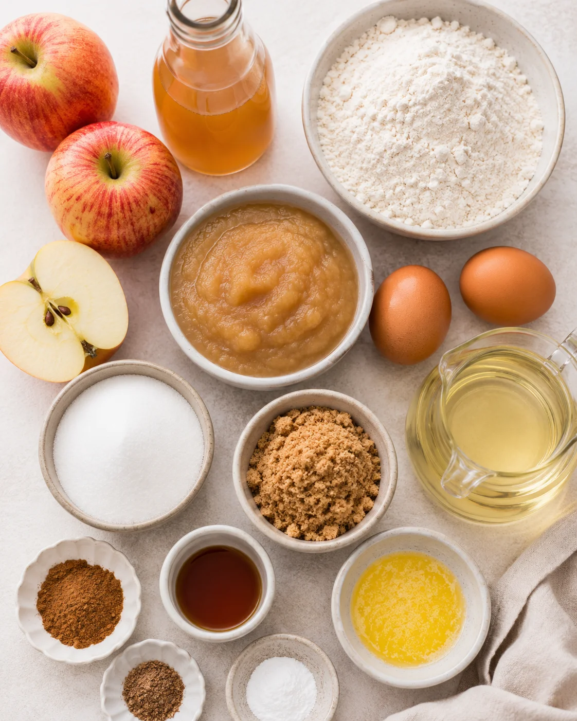 Top-down arrangement of ingredients for apple cider donut bundt cake including flour, applesauce, cider, eggs and sugars