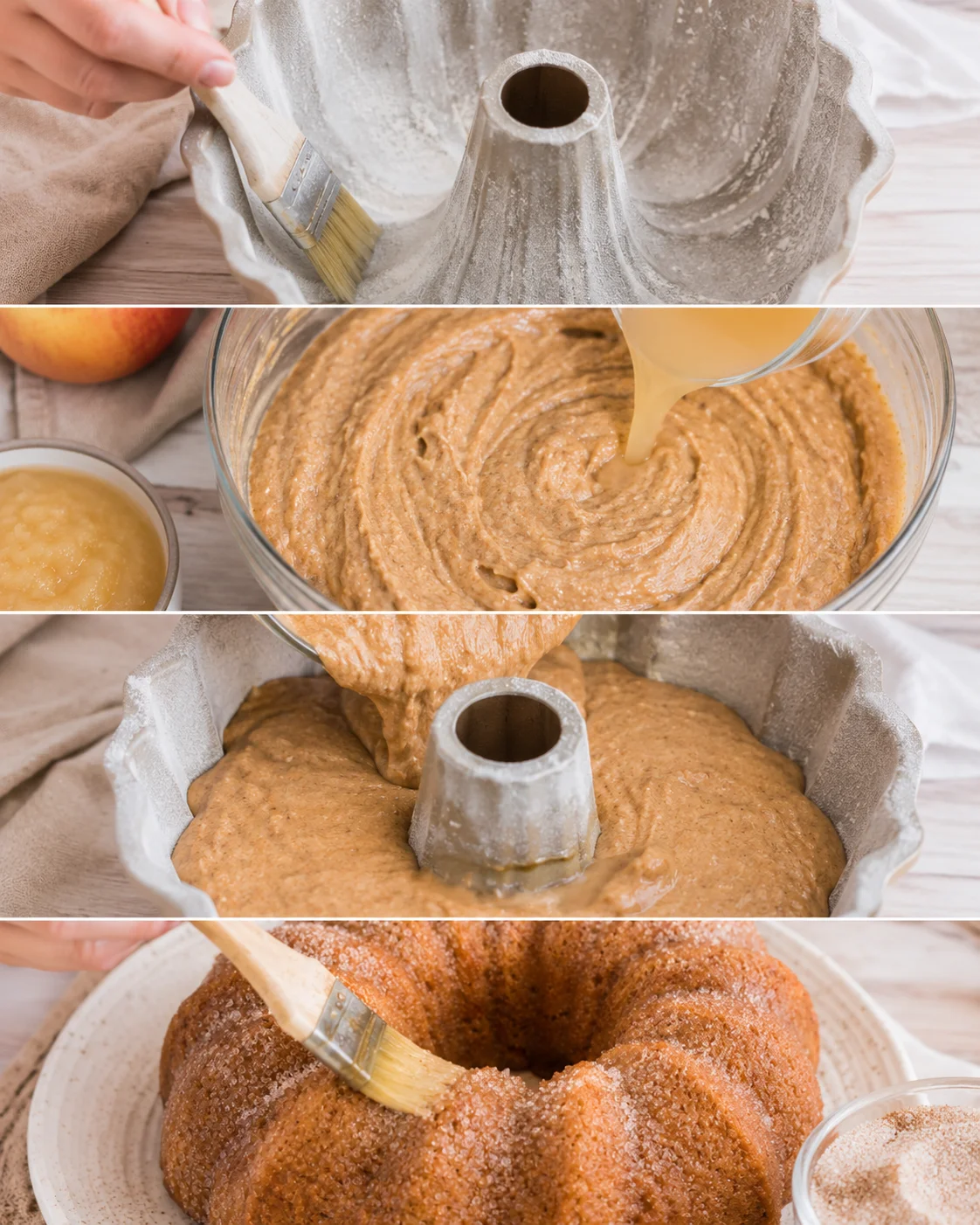 Collage of bundt cake steps: greasing pan, pouring cider into batter, filling pan, and brushing cinnamon sugar