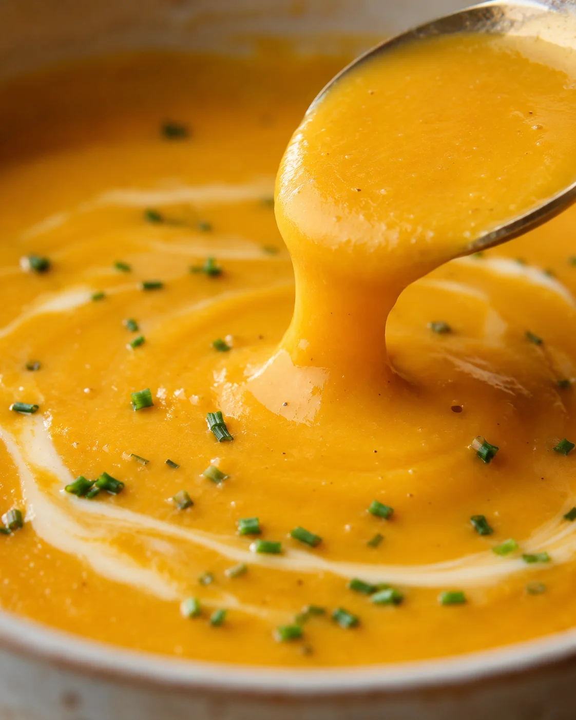 Extreme close-up of creamy butternut squash and apple soup being ladled, showing silky texture and chive pieces