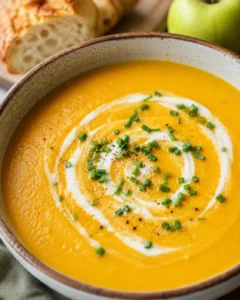 Bowl of creamy butternut squash and apple soup garnished with a swirl of cream and chopped chives, with a slice of crusty bread visible