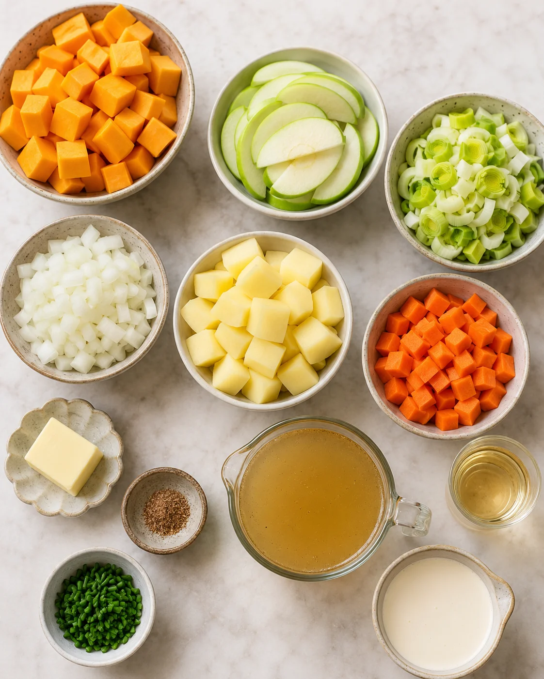 Top-down view of bowls with cubed butternut squash, sliced Granny Smith apple, chopped leeks, diced onion, potato, carrots, stock, cream, butter and chives