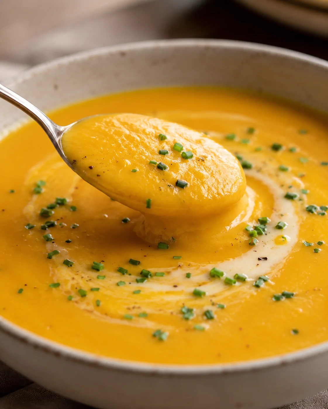 Spoon lifting a rich, creamy spoonful of butternut squash and apple soup topped with chives