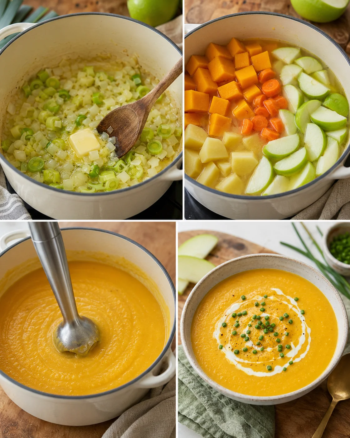 Collage of cooking steps for butternut squash and apple soup: sautéed leeks, pot with cubed vegetables and apple in stock, immersion blending, and finished bowl