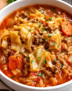 Bowl of cabbage roll soup with cabbage, ground beef, rice, carrots and parsley in tomato broth