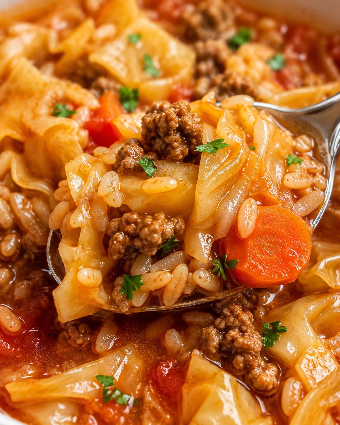 Close detail of cabbage roll soup showing texture of rice, cabbage, ground beef and carrot