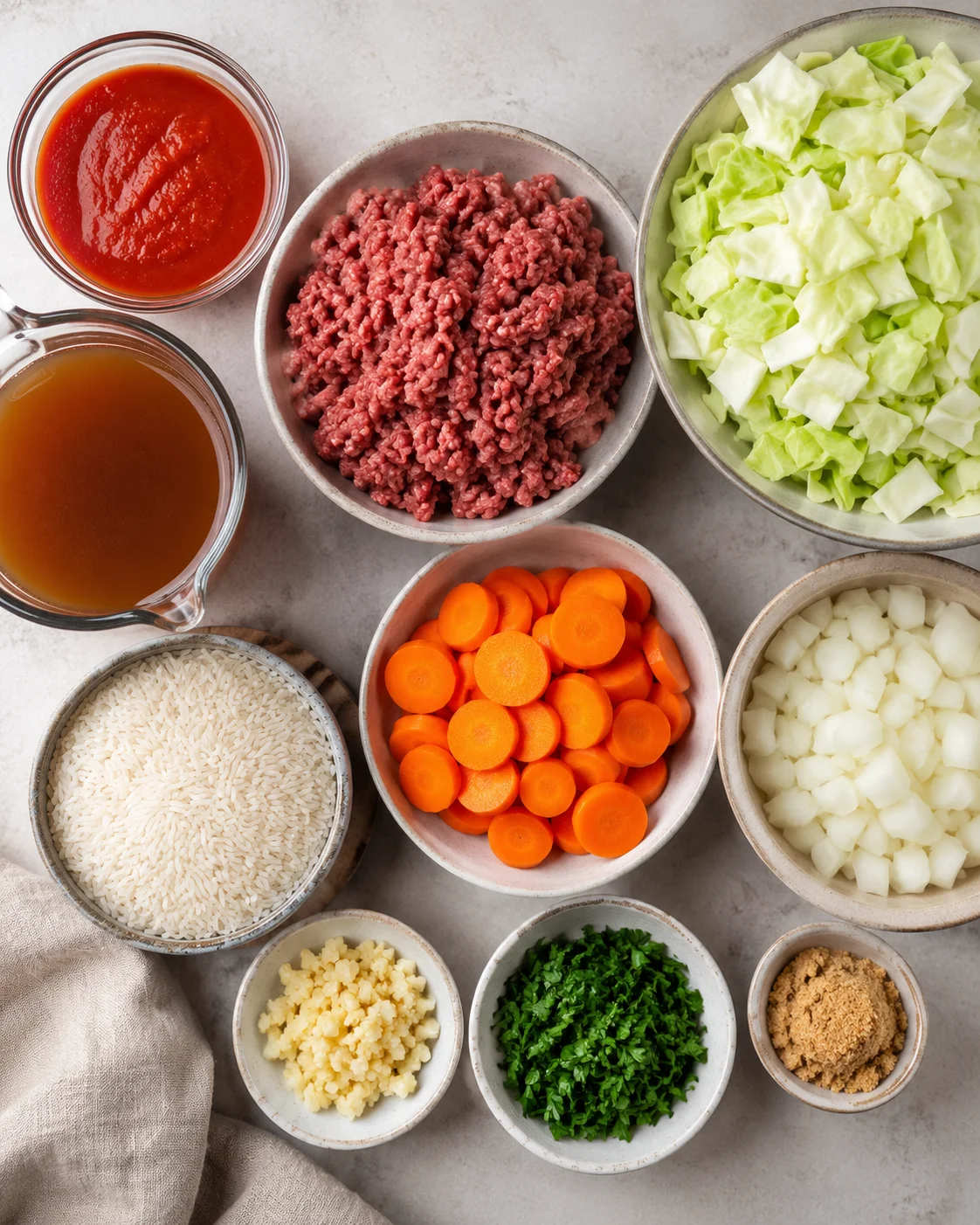 Top-down arrangement of ingredients for cabbage roll soup including ground beef, chopped cabbage, rice, carrots, onion, garlic, broth and tomato sauce