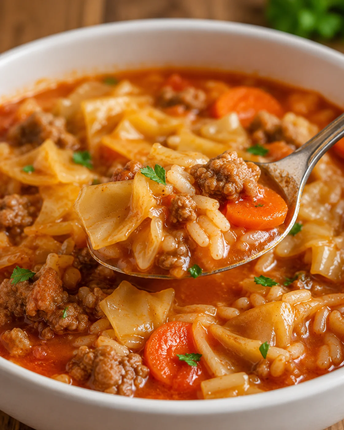 Spoon lifting a serving of cabbage roll soup showing rice, cabbage, beef and carrot above a bowl