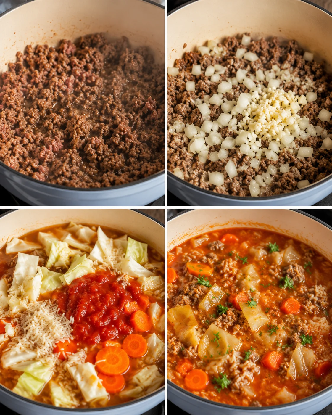 Four-panel collage showing browning beef, adding onions and garlic, adding cabbage rice and tomatoes, and finished cabbage roll soup in the pot