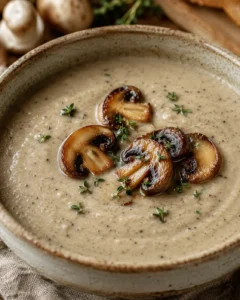 Bowl of Chef John's creamy mushroom soup topped with caramelized mushroom slices and thyme